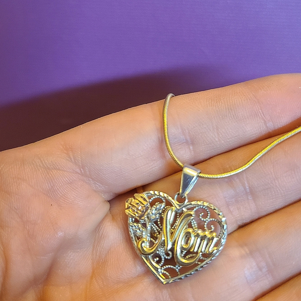 Vintage mom pendant- 925 and 10kt gold on 10kt gold chain